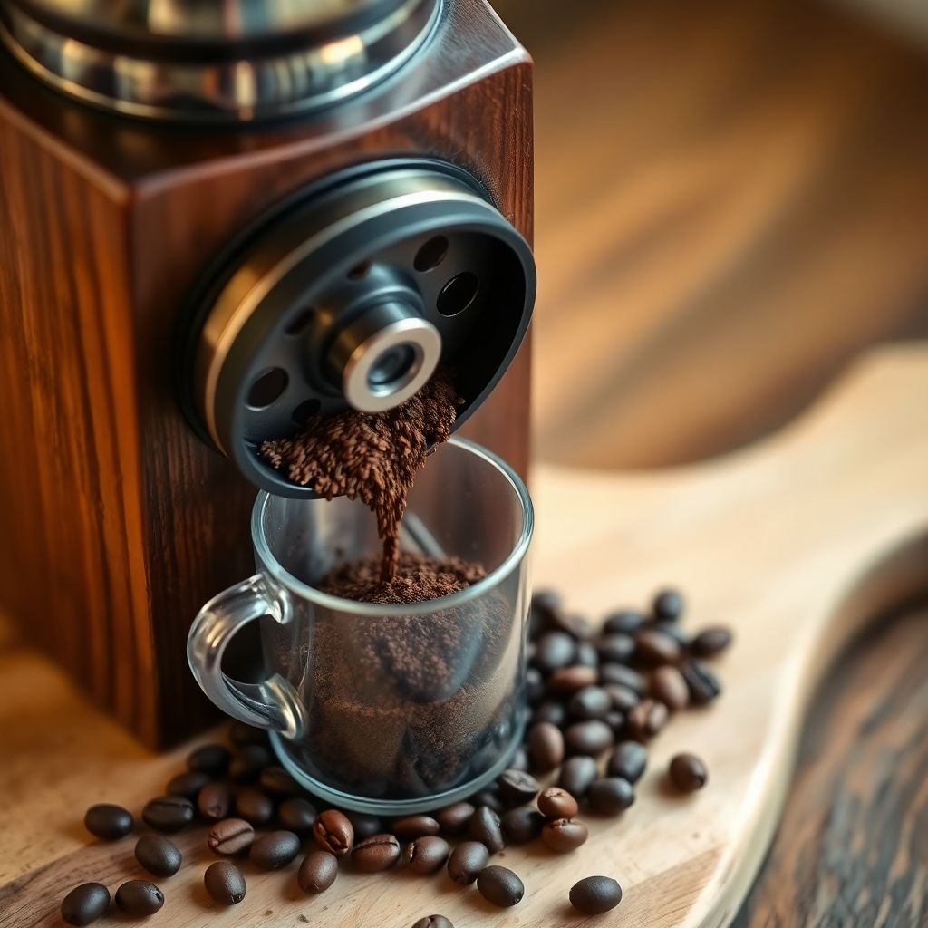 Moulin à café manuel à meules coniques posé sur un plan de travail en bois à côté de grains fraîchement torréfiés