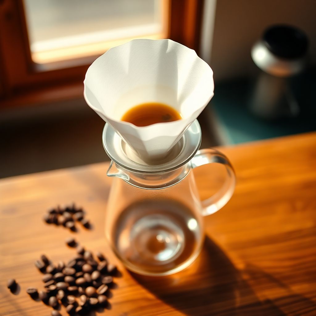 Dripper V60 Hario en céramique blanche avec café fraîchement infusé coulant dans une carafe en verre